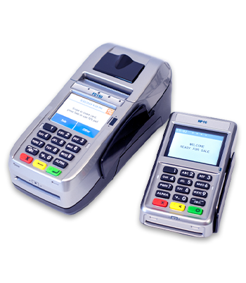 Two payment terminals, one larger with a printer, one smaller.