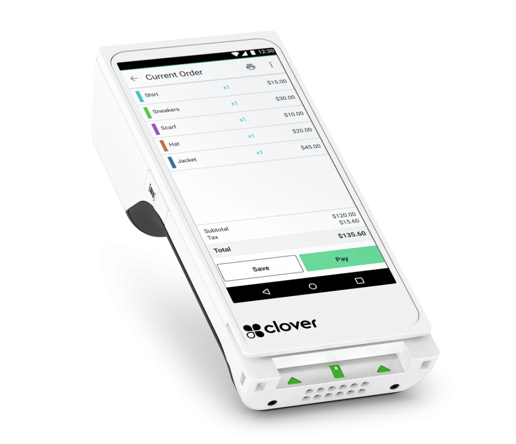 A portable payment terminal showing an itemized purchase list